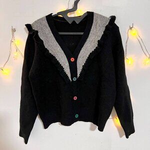 Black Knit Cardigan Colorful Buttons Ruffle Trim